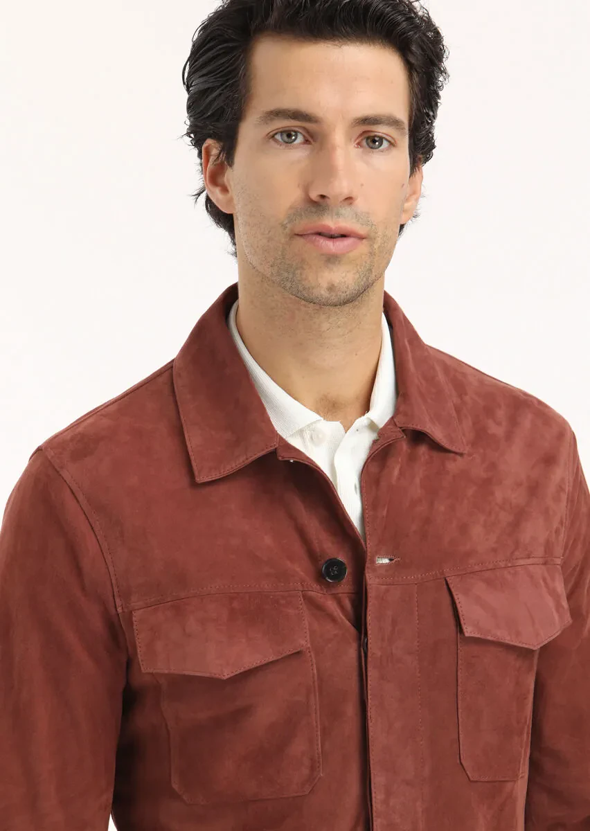 Copper Regular Fit Shirt Collar Casual Suede Leather Coat - 4