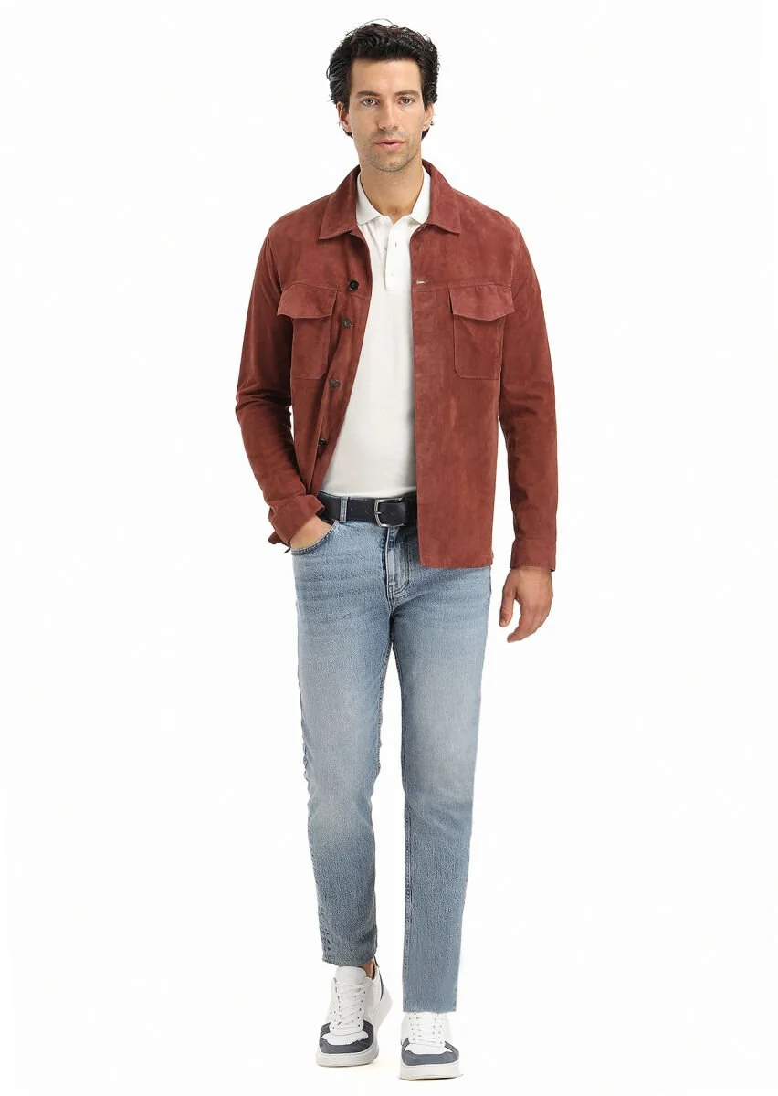Copper Suede Leather Coat - 1