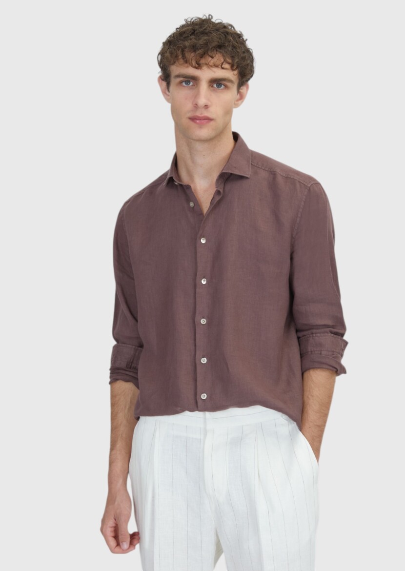 Damson Color Casual Fit Long Weaving Casual 100% Linen Shirt 