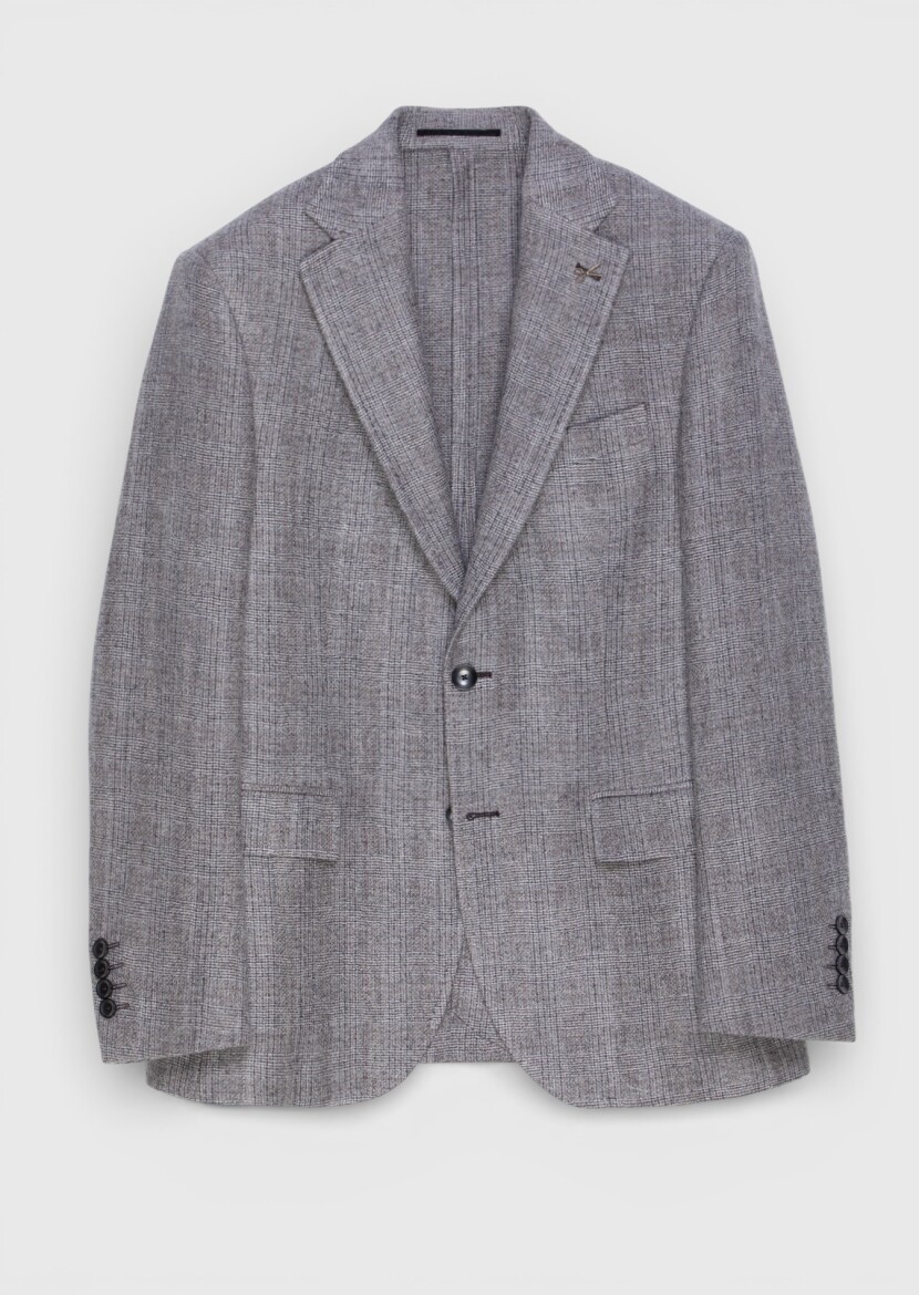 Damson Color Checkered Zeroweight Slim Fit Wool Blended Jacket - 5