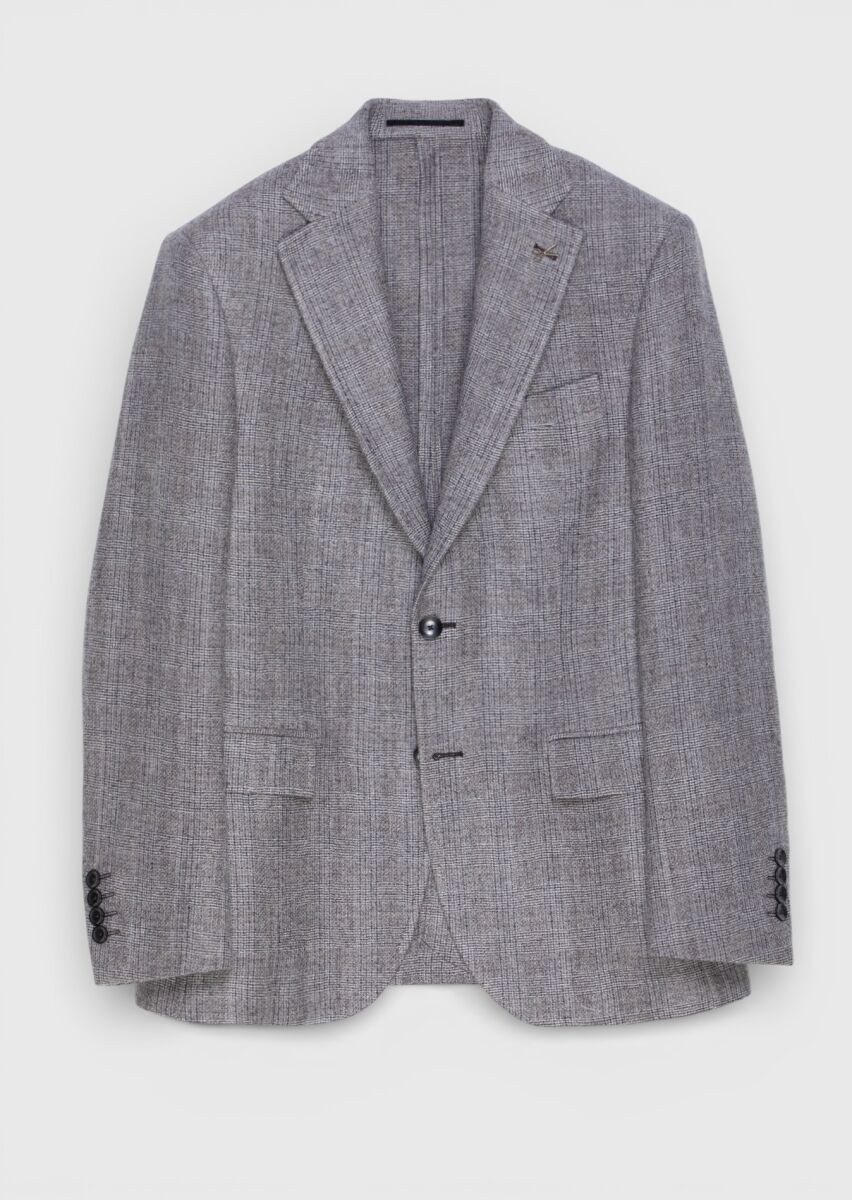 Damson Color Checkered Zeroweight Slim Fit Wool Blended Jacket - 5