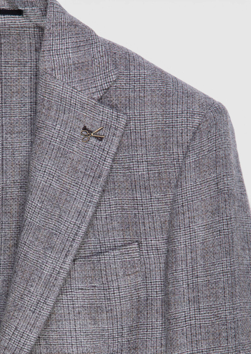 Damson Color Checkered Zeroweight Slim Fit Wool Blended Jacket - 6