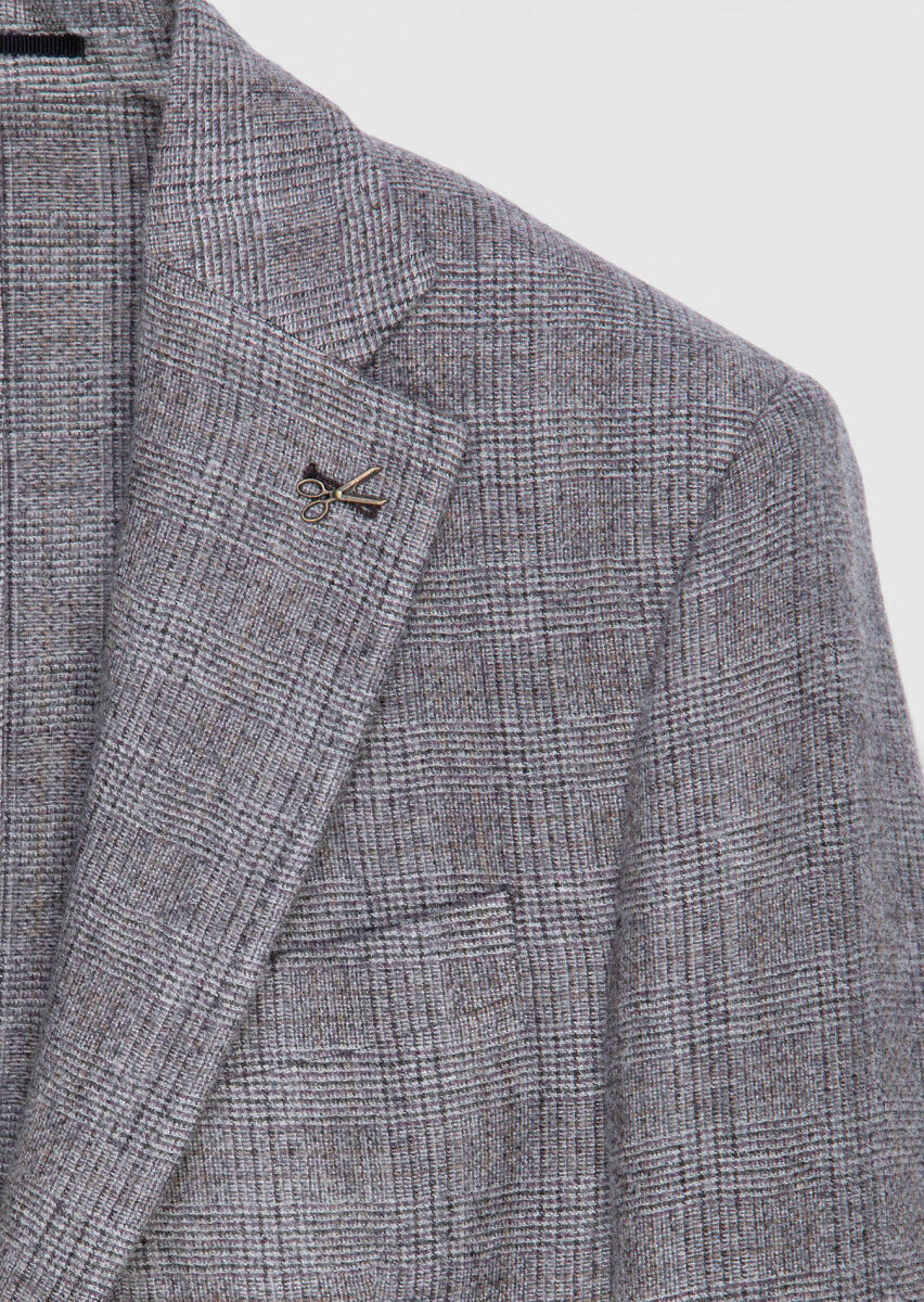 Damson Color Checkered Zeroweight Slim Fit Wool Blended Jacket - 6