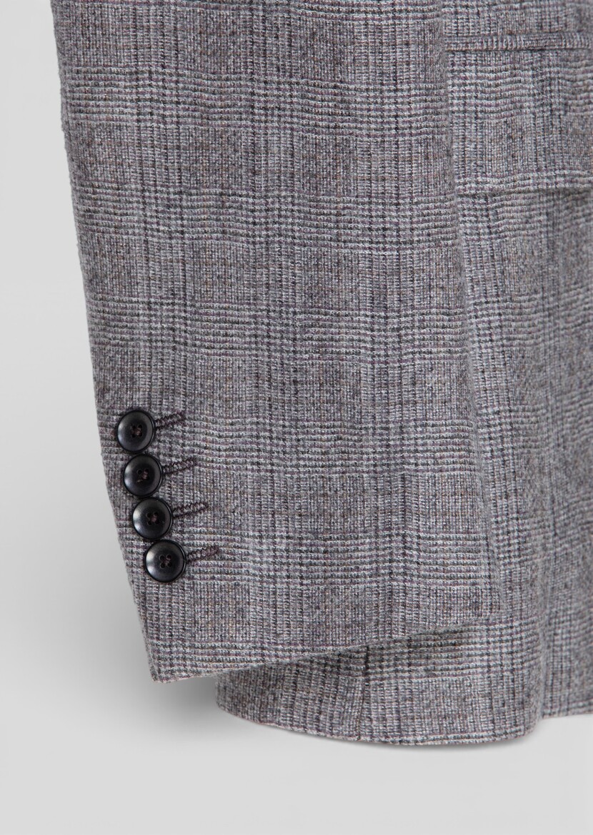 Damson Color Checkered Zeroweight Slim Fit Wool Blended Jacket - 7