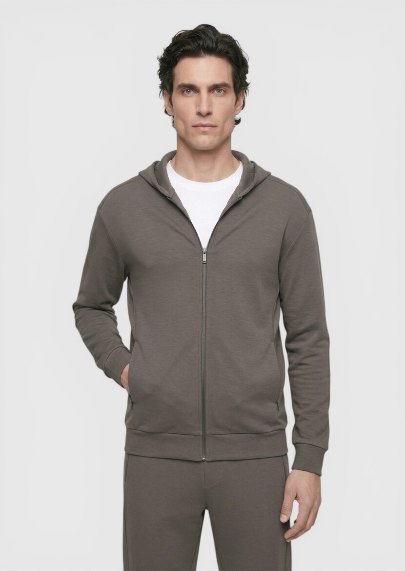 Damson Color Hooded Plain Sweatshirt - 1
