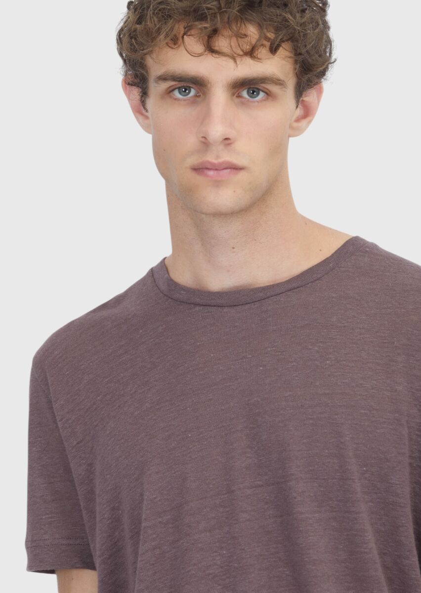 Damson Color Plain 100% Linen T-Shirt - 3