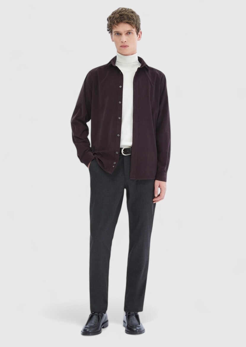 Damson Color Plain Casual Fit Long Weaving Casual 100% Cotton Shirt - 3