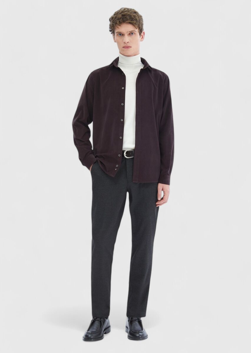 Damson Color Plain Casual Fit Long Weaving Casual 100% Cotton Shirt - 3