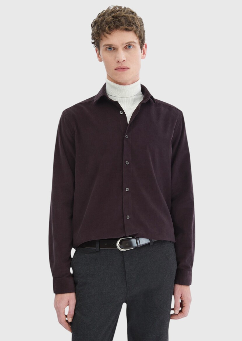 Damson Color Plain Casual Fit Long Weaving Casual 100% Cotton Shirt - 4