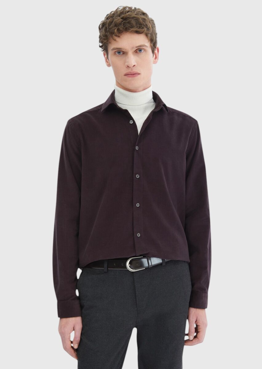 Damson Color Plain Casual Fit Long Weaving Casual 100% Cotton Shirt - 4