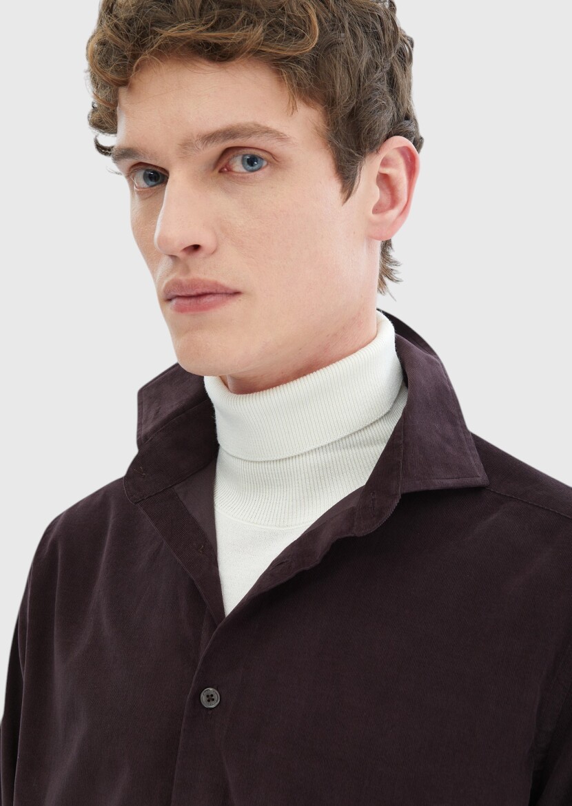 Damson Color Plain Casual Fit Long Weaving Casual 100% Cotton Shirt - 5