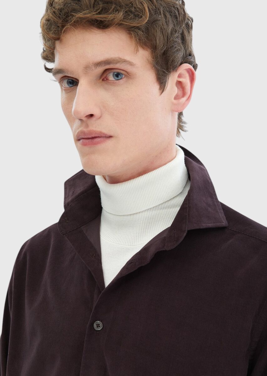 Damson Color Plain Casual Fit Long Weaving Casual 100% Cotton Shirt - 5