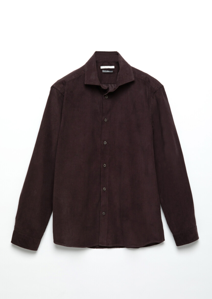 Damson Color Plain Casual Fit Long Weaving Casual 100% Cotton Shirt - 6