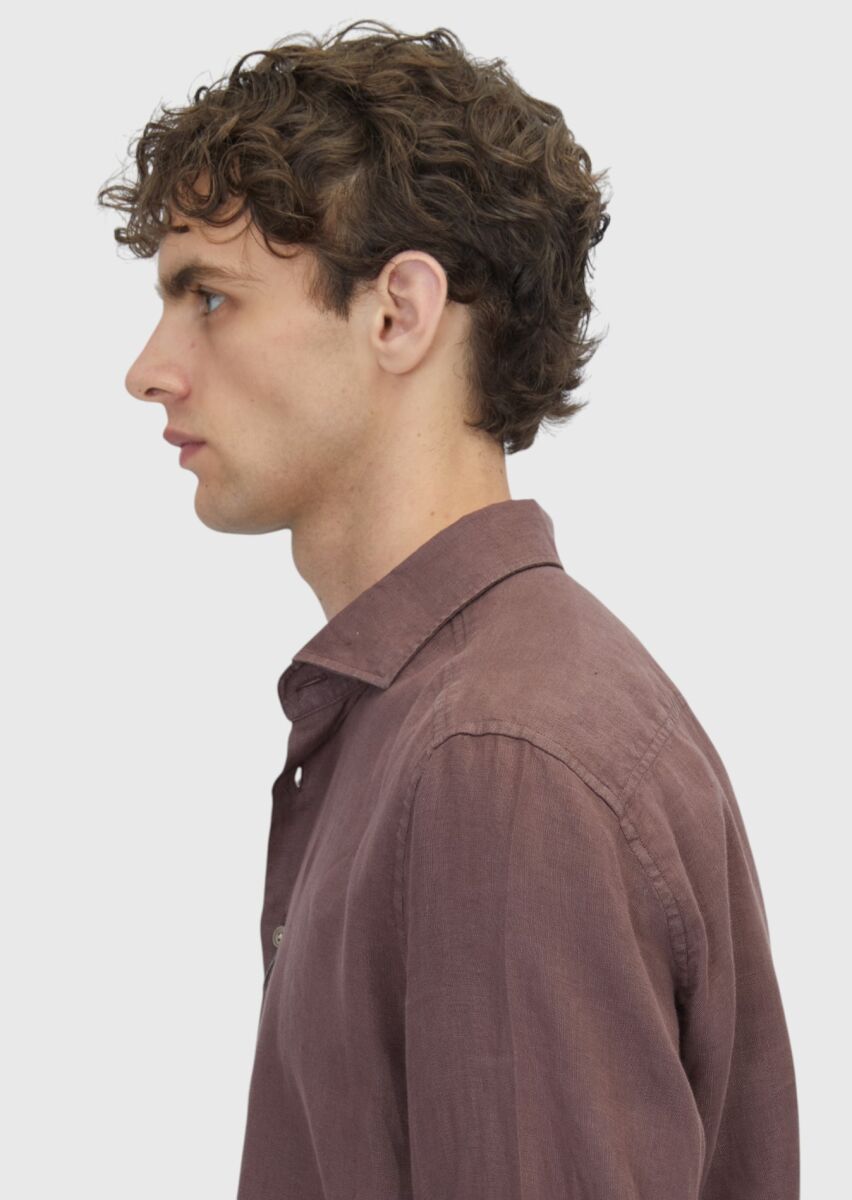 Damson Color Plain Casual Fit Long Weaving Casual 100% Linen Shirt - 3