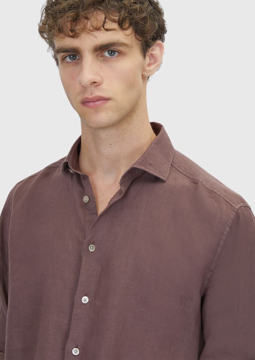 Damson Color Plain Casual Fit Long Weaving Casual 100% Linen Shirt - 4