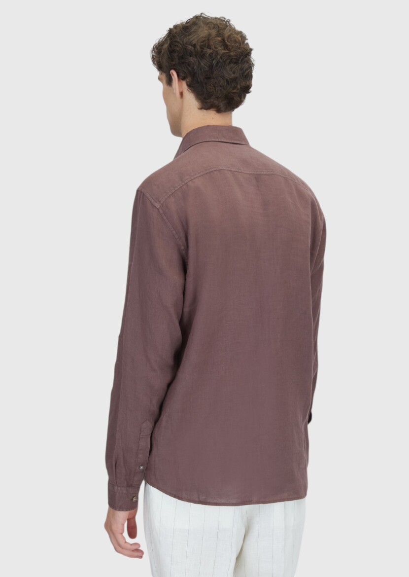 Damson Color Plain Casual Fit Long Weaving Casual 100% Linen Shirt - 5