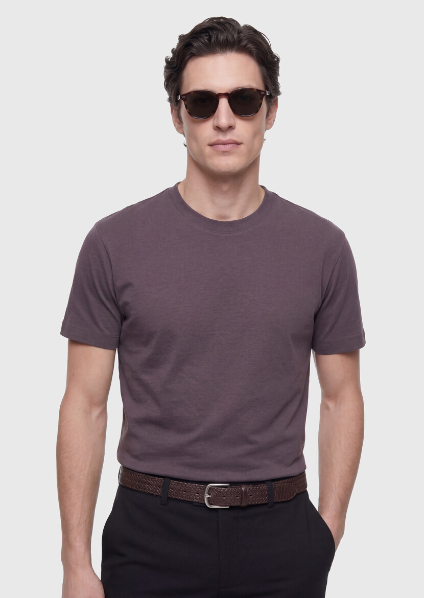 Damson Color Plain Crew Neck 100% Cotton T-Shirt - 3