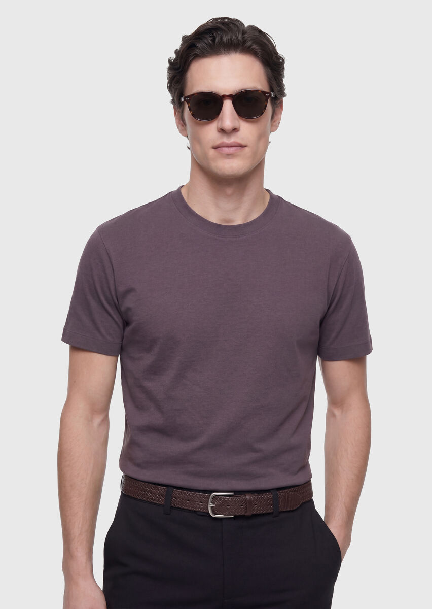 Damson Color Plain Crew Neck 100% Cotton T-Shirt - 3