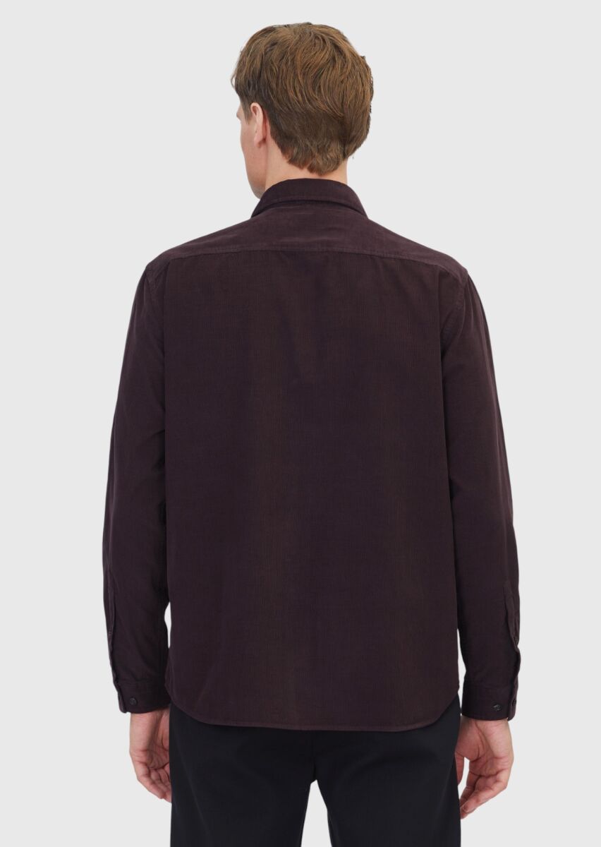 Damson Color Plain Long Weaving Casual 100% Cotton Shirt - 6