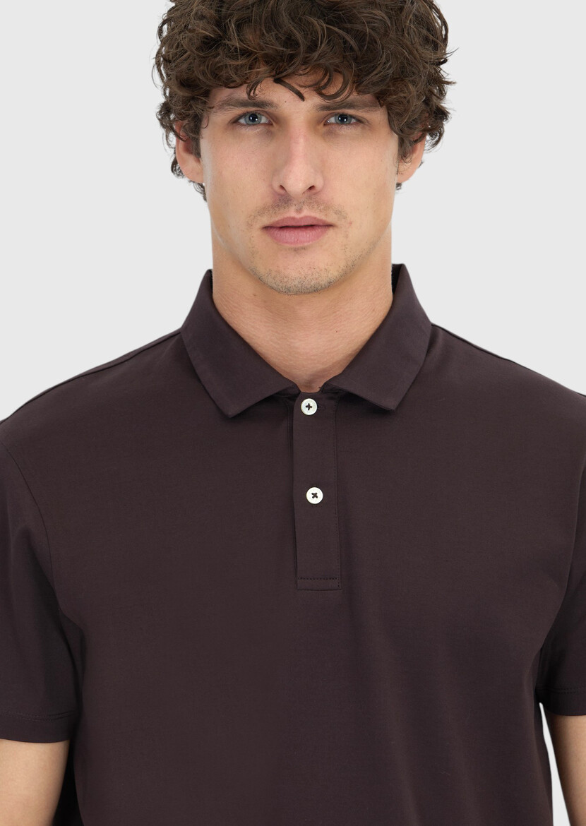 Damson Color Plain Polo Neck 100% Cotton T-Shirt - 4