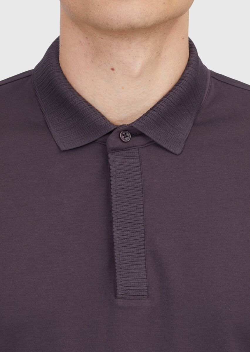 Damson Color Plain Polo Neck 100% Cotton T-Shirt - 5