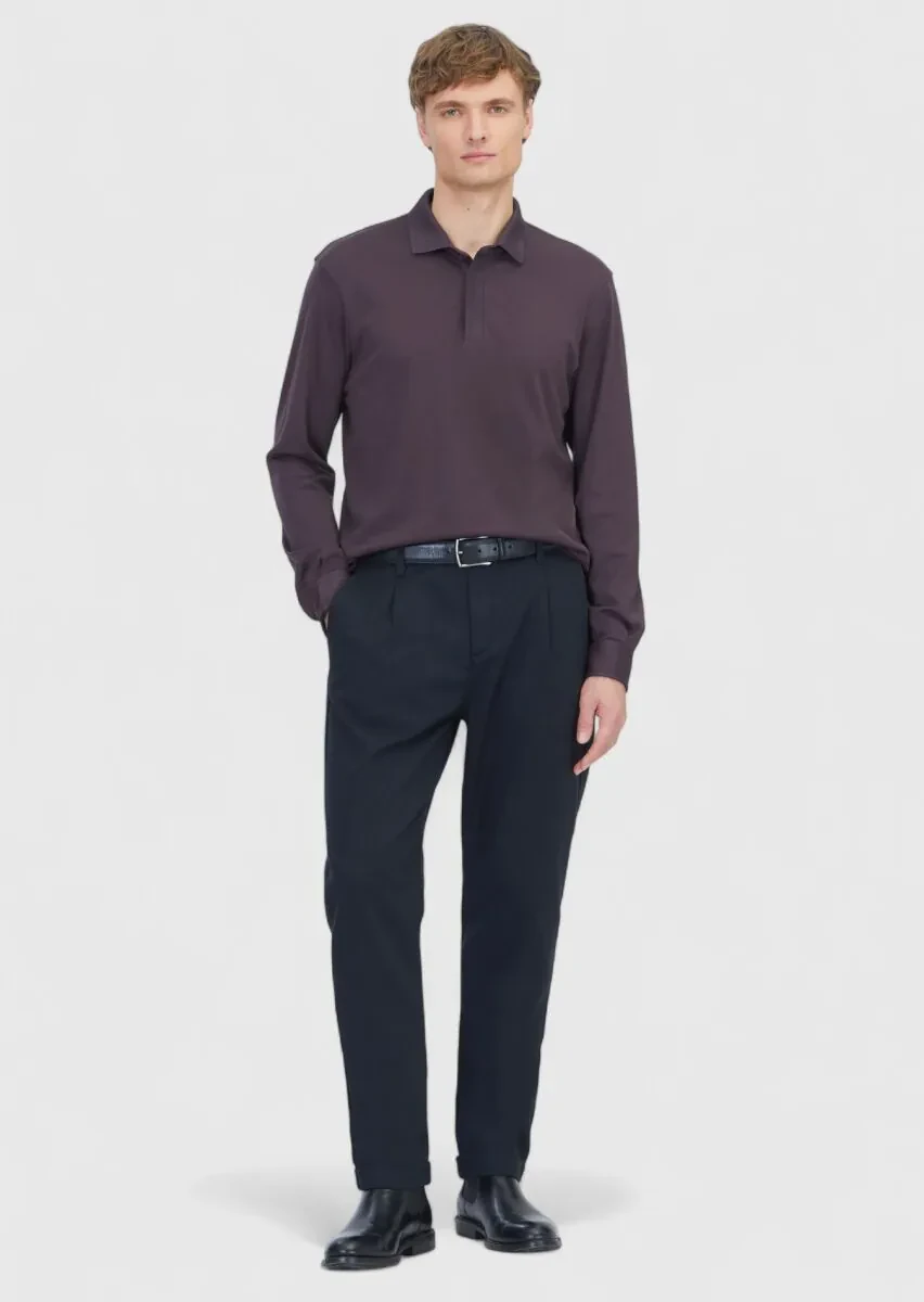 Damson Color Plain Polo Neck 100% Cotton T-Shirt - 2