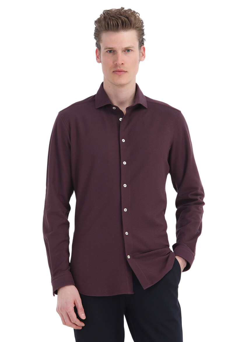 Damson Color Plain Slim Fit Knitting Casual 100% Cotton Shirt 