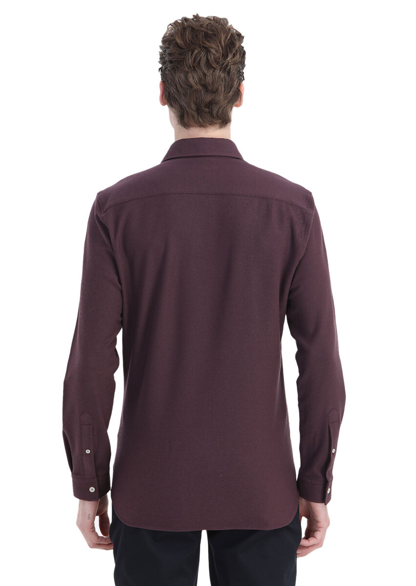 Damson Color Plain Slim Fit Knitting Casual 100% Cotton Shirt - 5