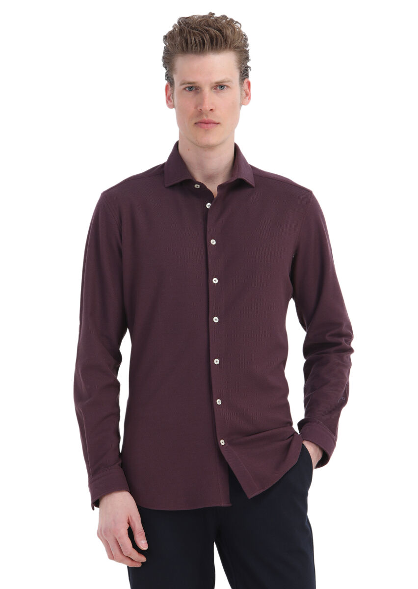 Damson Color Plain Slim Fit Long Knitting Casual 100% Cotton Shirt - 1