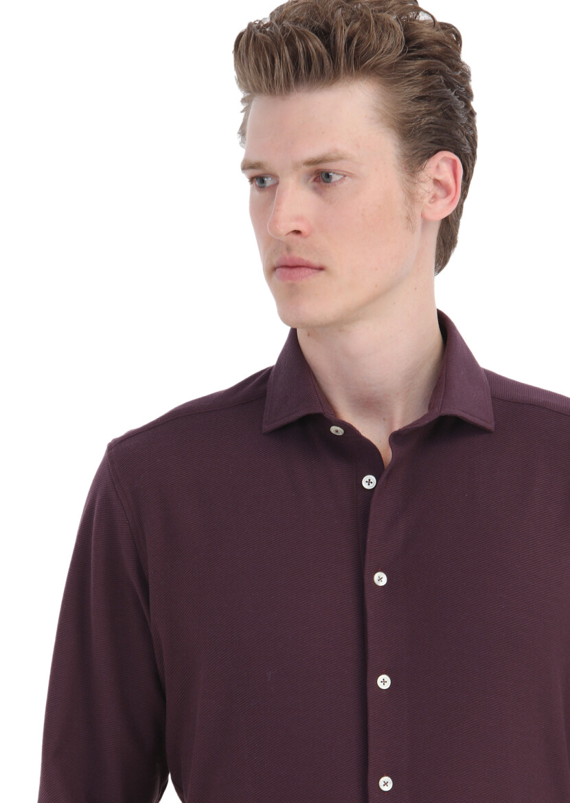 Damson Color Plain Slim Fit Long Knitting Casual 100% Cotton Shirt - 4
