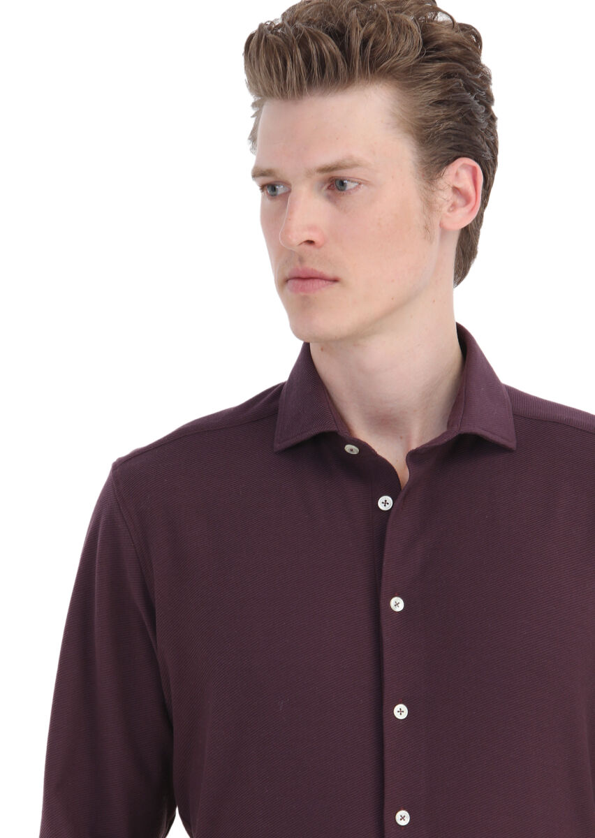 Damson Color Plain Slim Fit Long Knitting Casual 100% Cotton Shirt - 4
