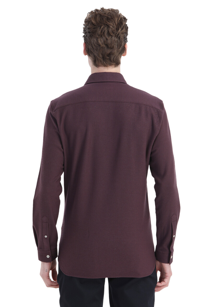 Damson Color Plain Slim Fit Long Knitting Casual 100% Cotton Shirt - 5