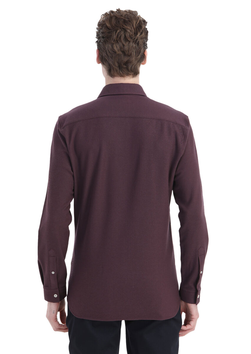 Damson Color Plain Slim Fit Long Knitting Casual 100% Cotton Shirt - 5