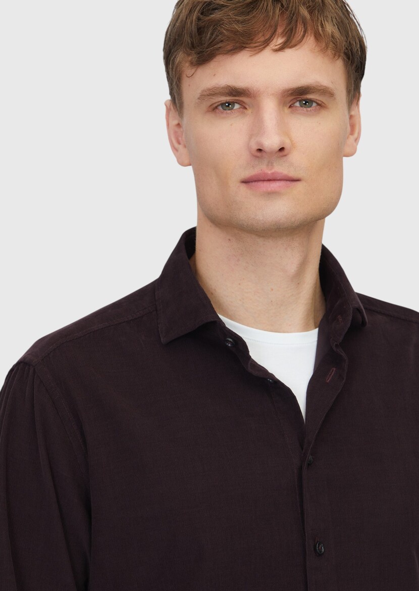 Damson Color Plain Weaving Casual 100% Cotton Shirt - 3