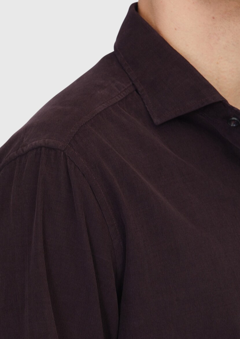 Damson Color Plain Weaving Casual 100% Cotton Shirt - 4