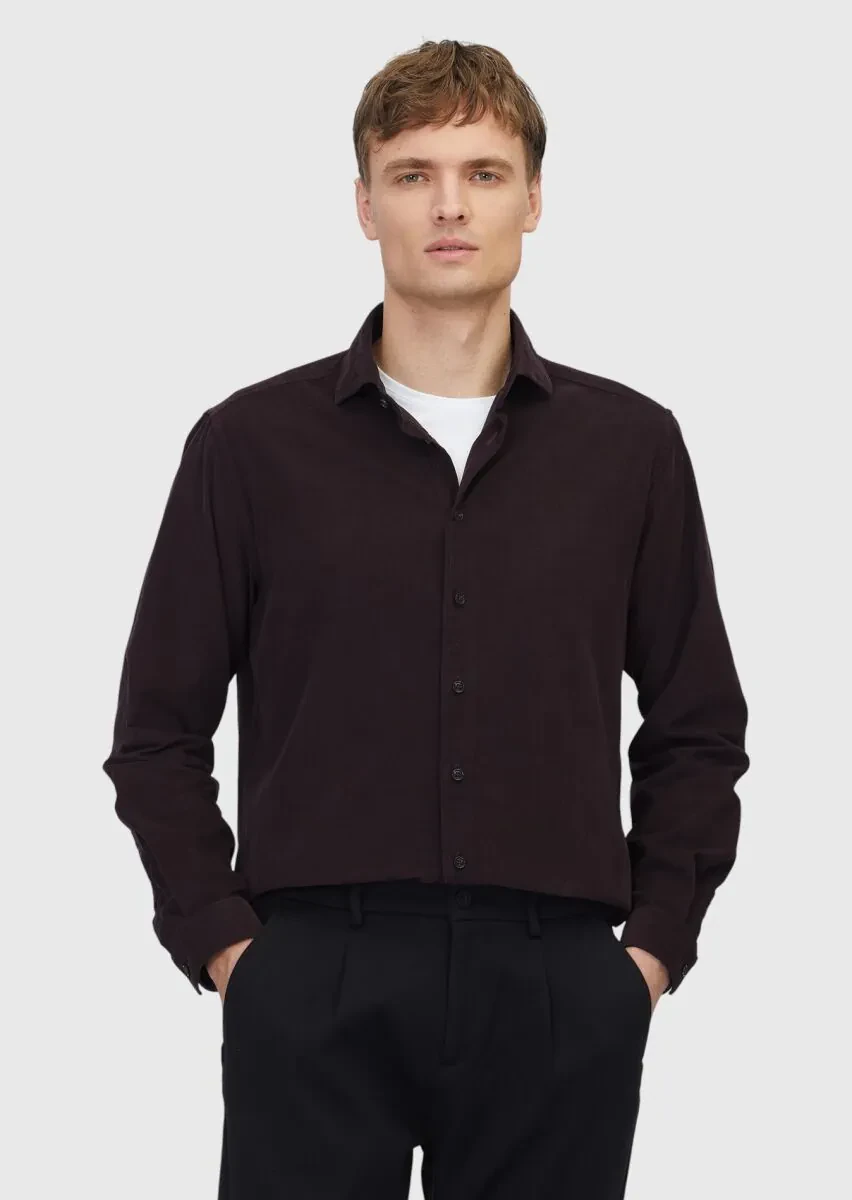 Damson Color Plain Weaving Casual 100% Cotton Shirt - 1
