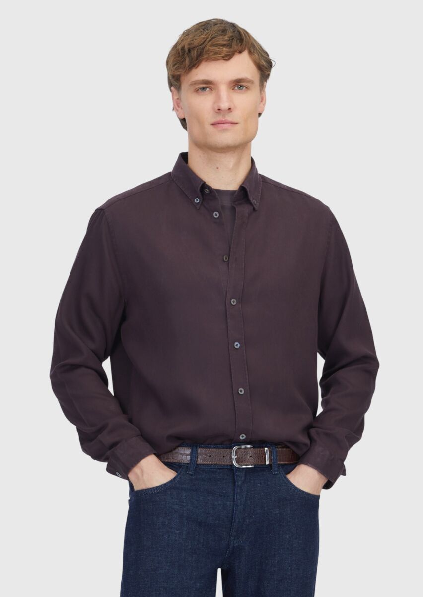 Damson Color Plain Weaving Casual Shirt - 1