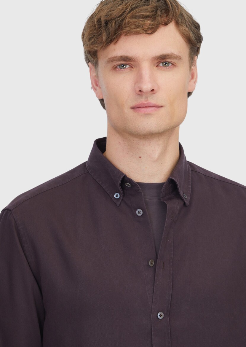 Damson Color Plain Weaving Casual Shirt - 4