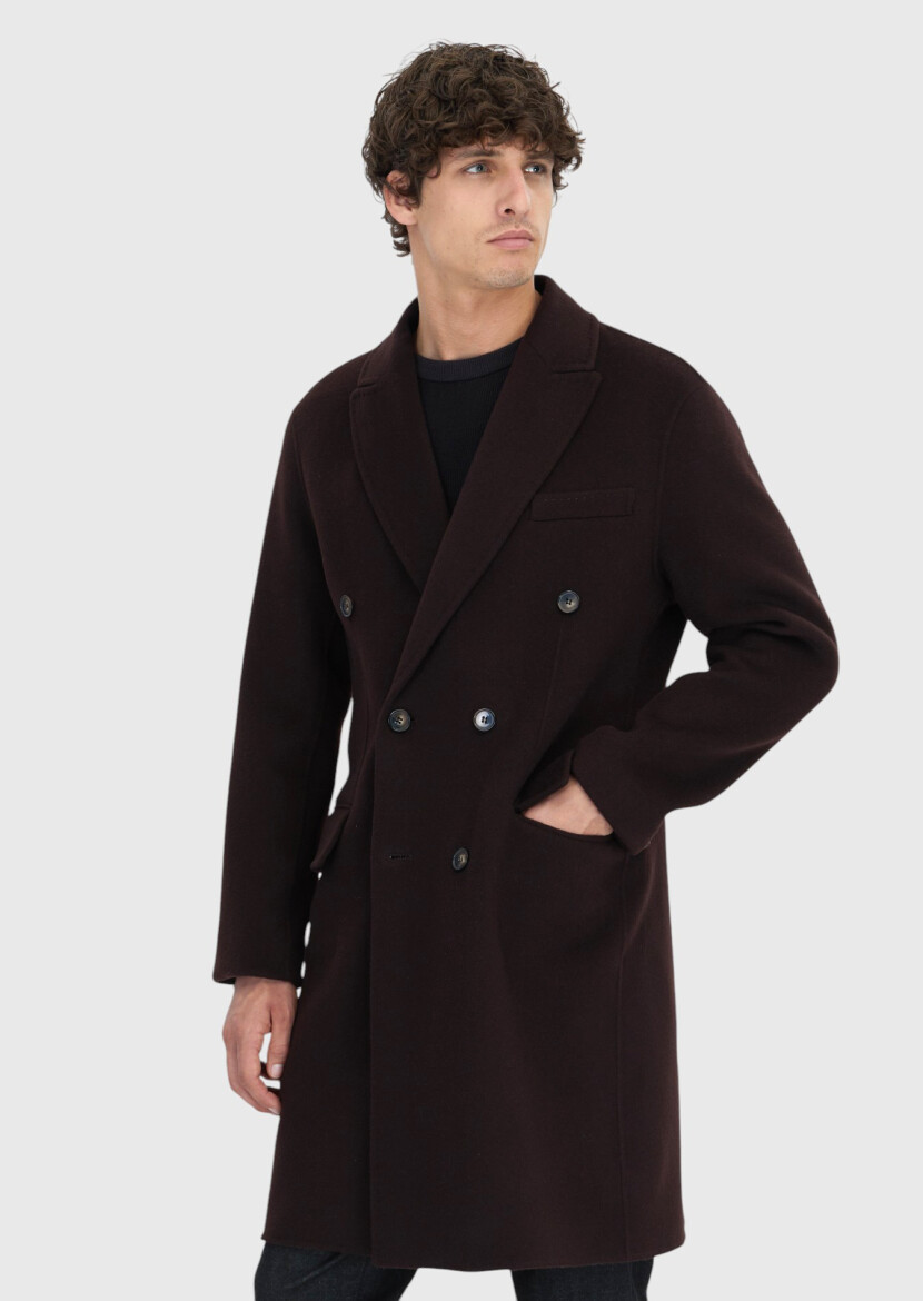 Damson Color Regular Fit Double Breasted Collar Classical Weaving Overcoat - RAMSEY