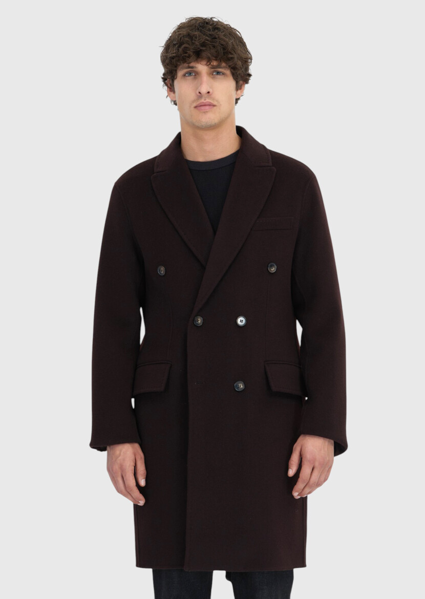 Damson Color Regular Fit Double Breasted Collar Classical Weaving Overcoat - 3