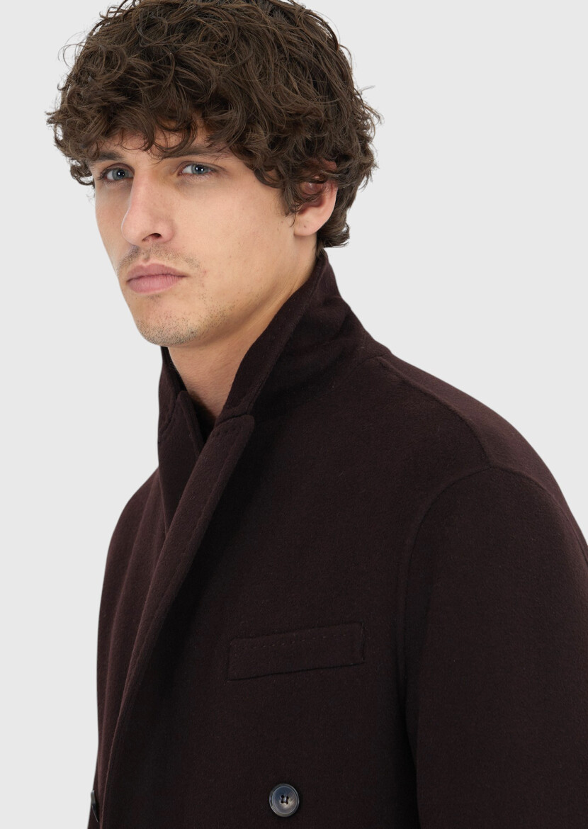 Damson Color Regular Fit Double Breasted Collar Classical Weaving Overcoat - 4