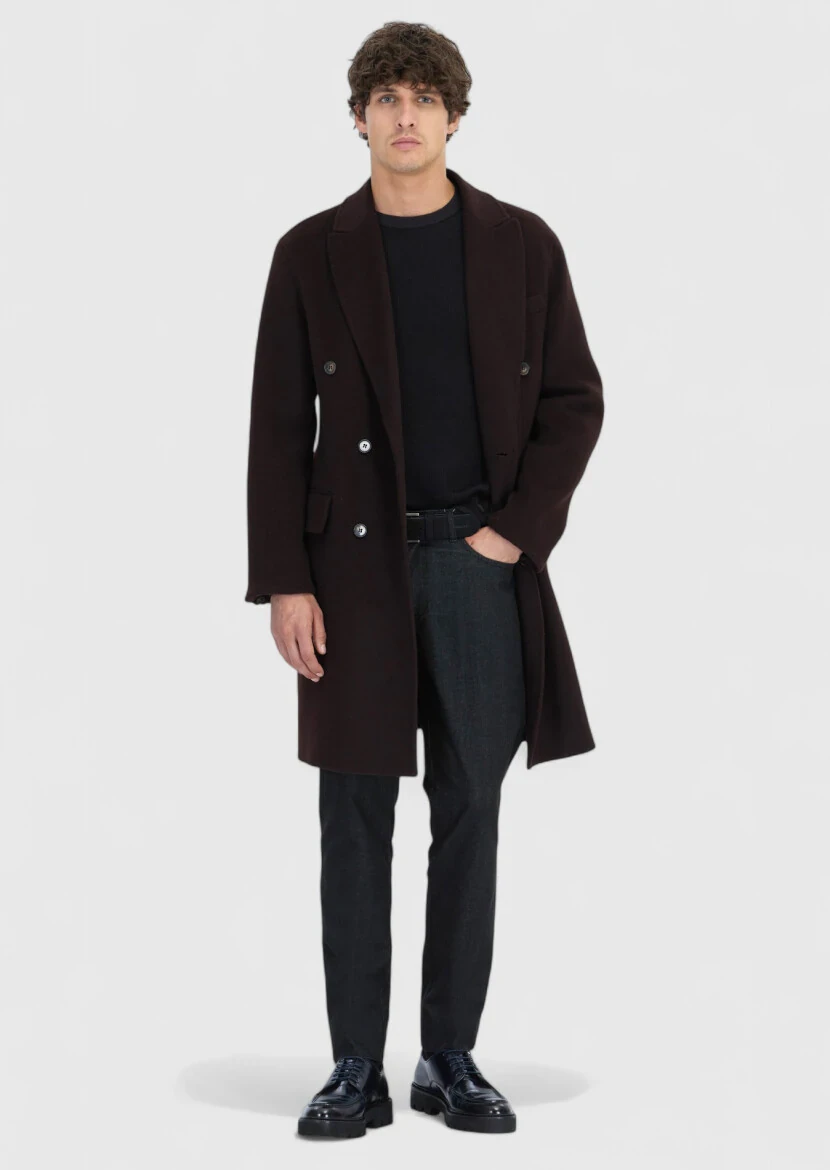 Damson Color Regular Fit Double Breasted Collar Classical Weaving Overcoat - 2