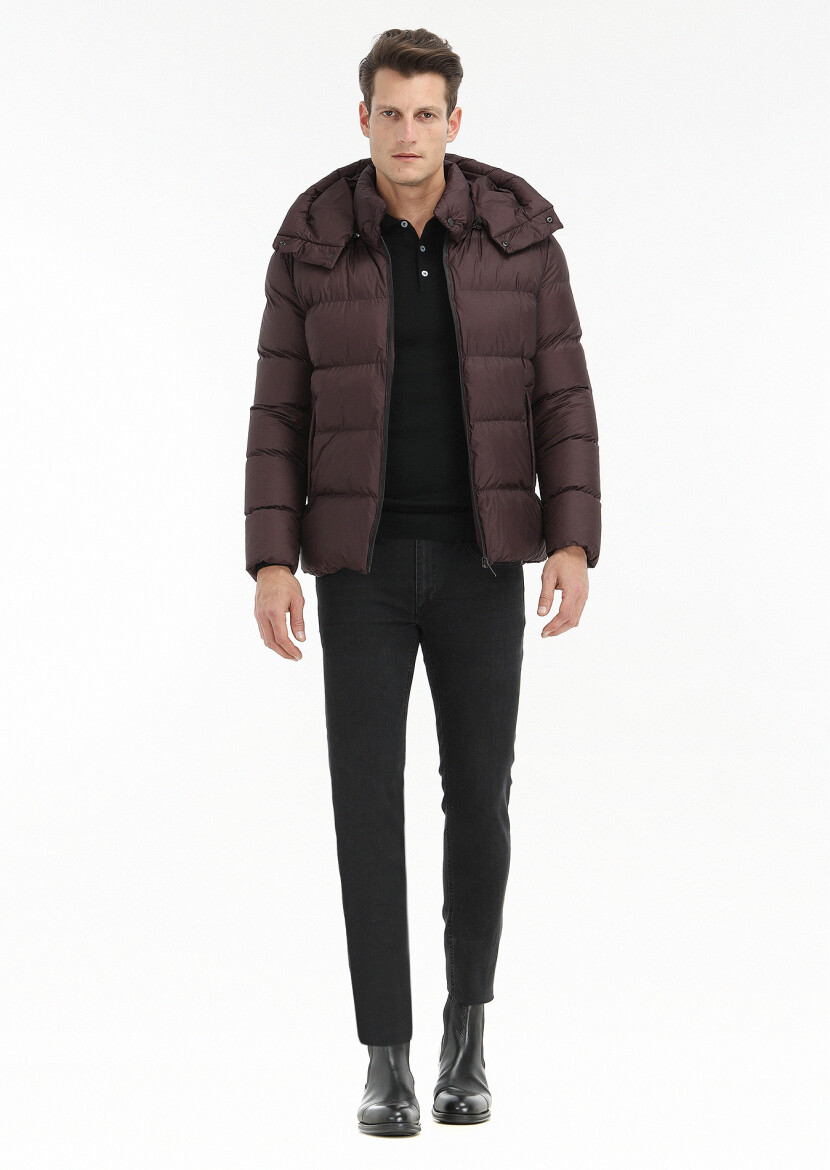 Damson Color Regular Fit Hooded Casual Weaving Coat - 1