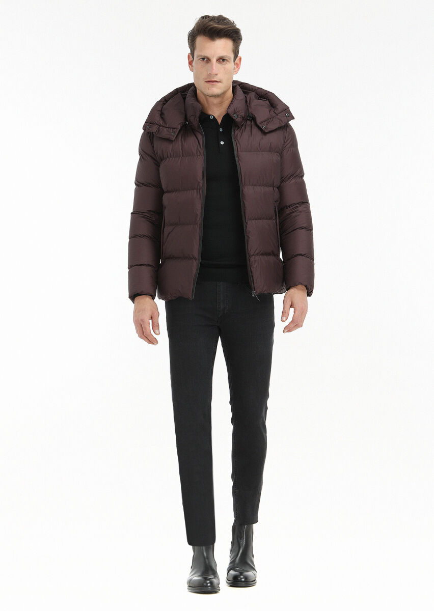 Damson Color Regular Fit Hooded Casual Weaving Coat - 1