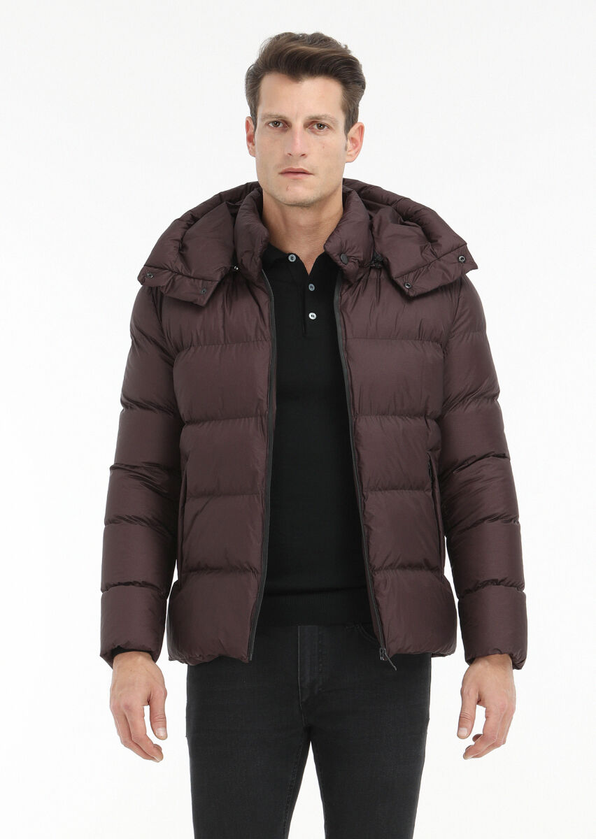 Damson Color Regular Fit Hooded Casual Weaving Coat - 3