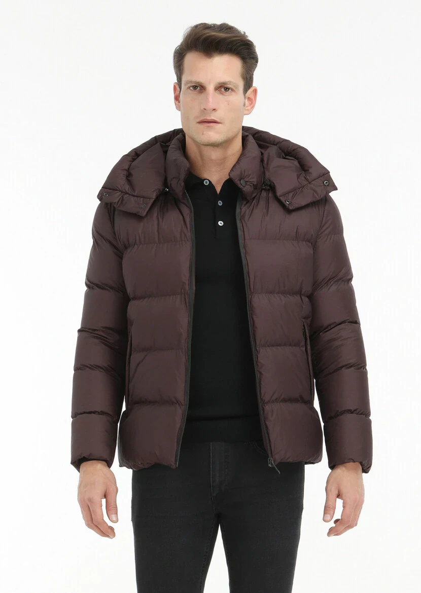 Damson Color Regular Fit Hooded Casual Weaving Coat - 3