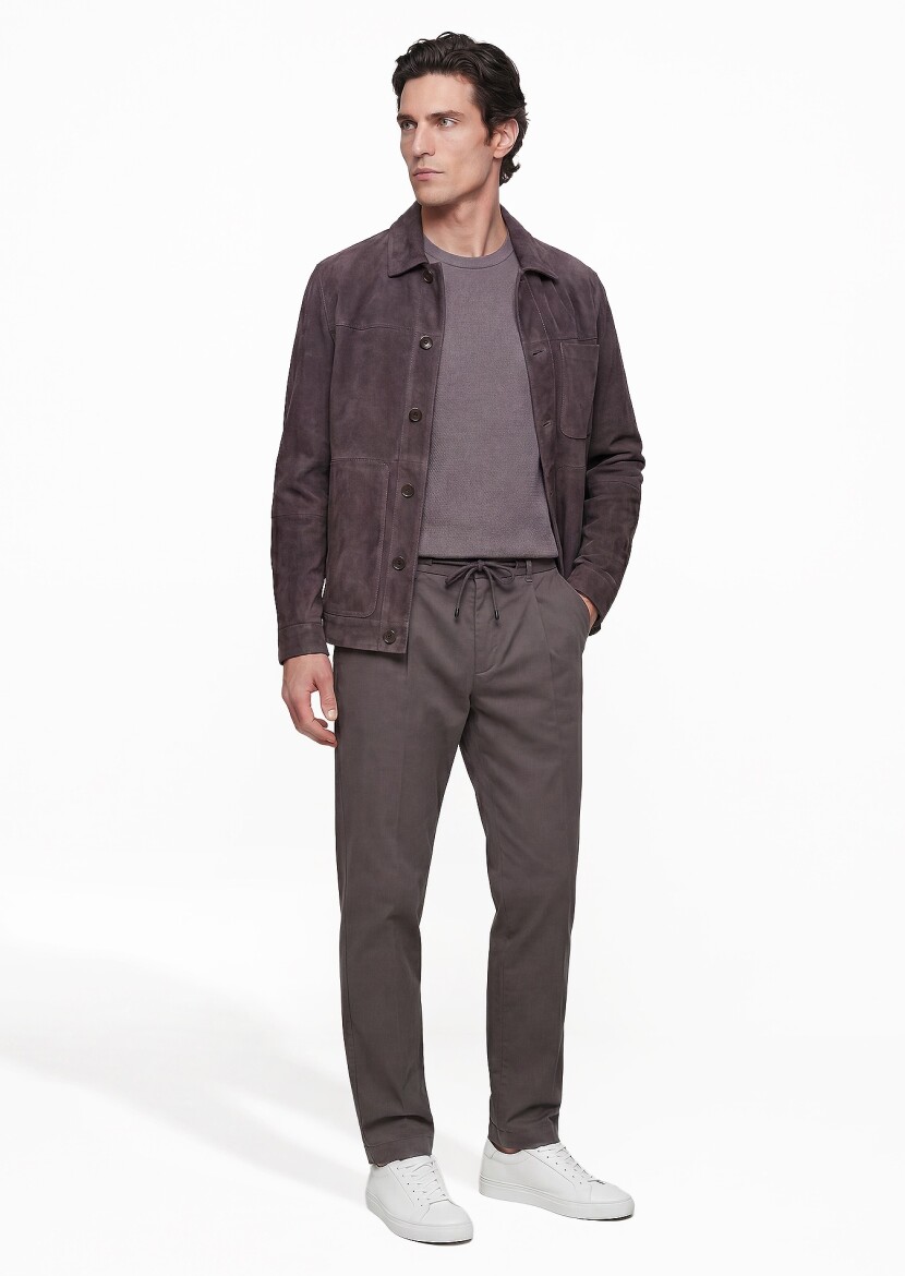 Damson Color Regular Fit Shirt Collar Casual Suede Leather Coat - 2