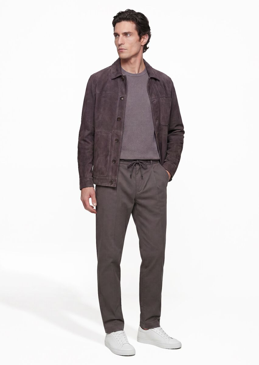 Damson Color Regular Fit Shirt Collar Casual Suede Leather Coat - 2