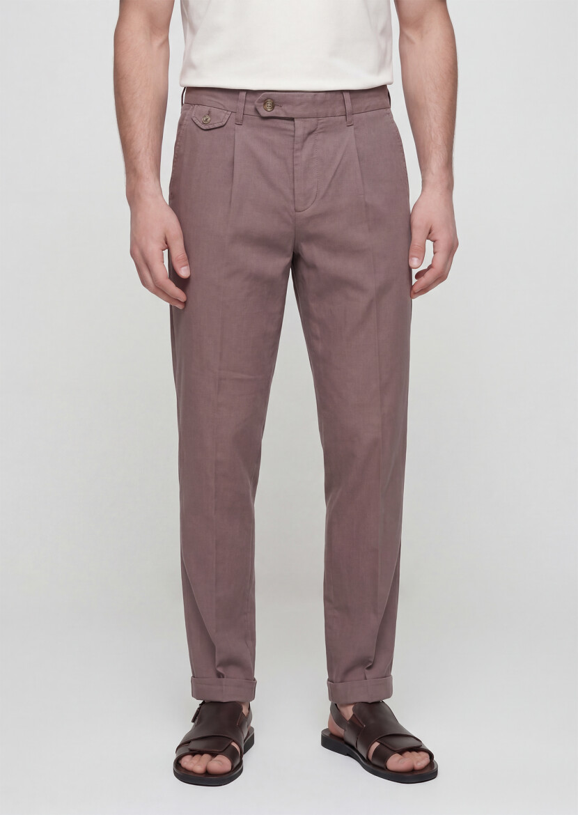 Damson Color Weaving Relaxed Fit Casual Cotton Blended Trousers - RAMSEY