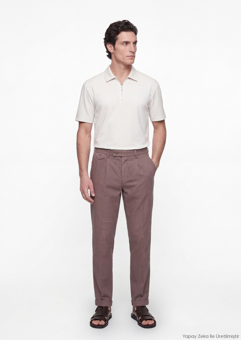 Damson Color Weaving Relaxed Fit Casual Cotton Blended Trousers - RAMSEY